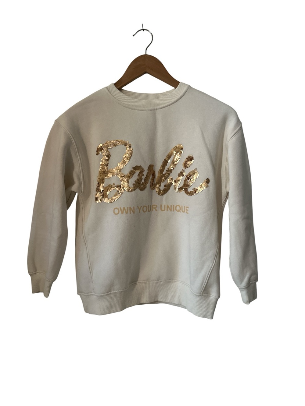 Zara for Barbie Cream Sweatshirt with Gold Sequin 'Barbie' Logo - Kids sz 9/10